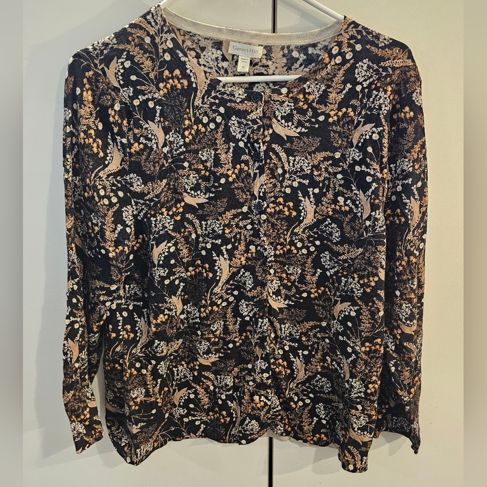 Garnet Hill signature Merino Cardigan  - Black and Cream Floral